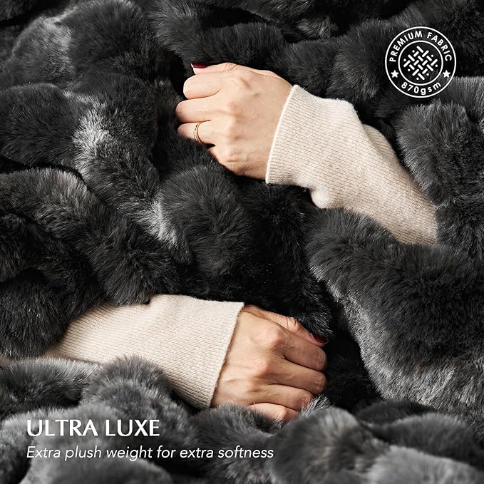 Faux Rabbit Fur Bubble Throw Blanket, 50"x60", Marble Black | Ultra Soft, Luxury Faux Rabbit Fur Throw, Thick Warm Bubble Blanket, Cozy Fluffy Reversible, for Bed, Couch, Chair, Sofa
