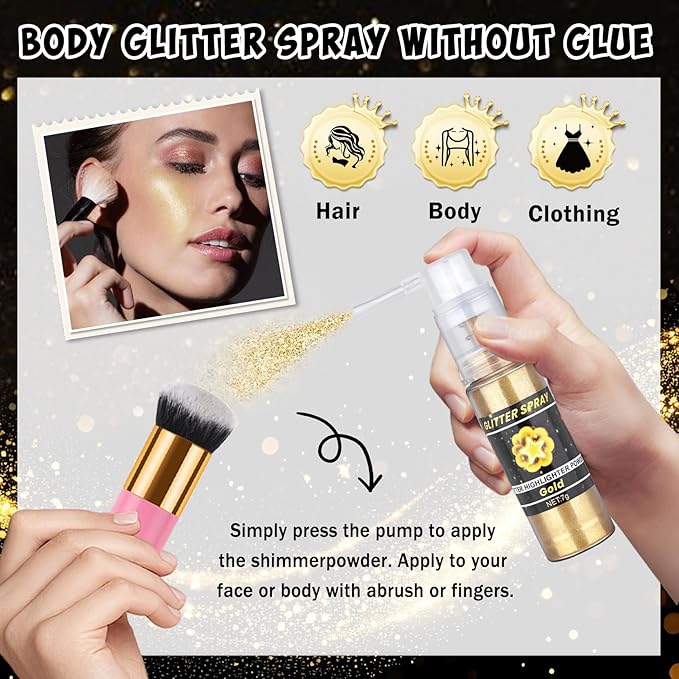 AWCCXMYM Body Glitter Spray Sparkle Hairspray Highlighter Glitter Shiny Spraay for Hair and Body,Face Glitter Powder for Halloween,Christmas,Concert Accessories Party Body Makeup(Gold)