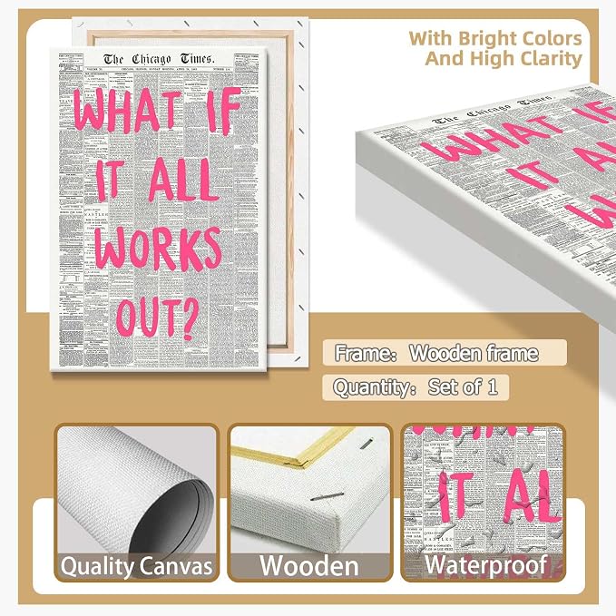 Drimiler What If It All Works Out Poster Retro Newspaper Pink Font Canvas Wall Art Positive Affirming Quote Minimalist Prints Painting For Home Bedroom Dorm Wall Decor 8x12in Wframed
