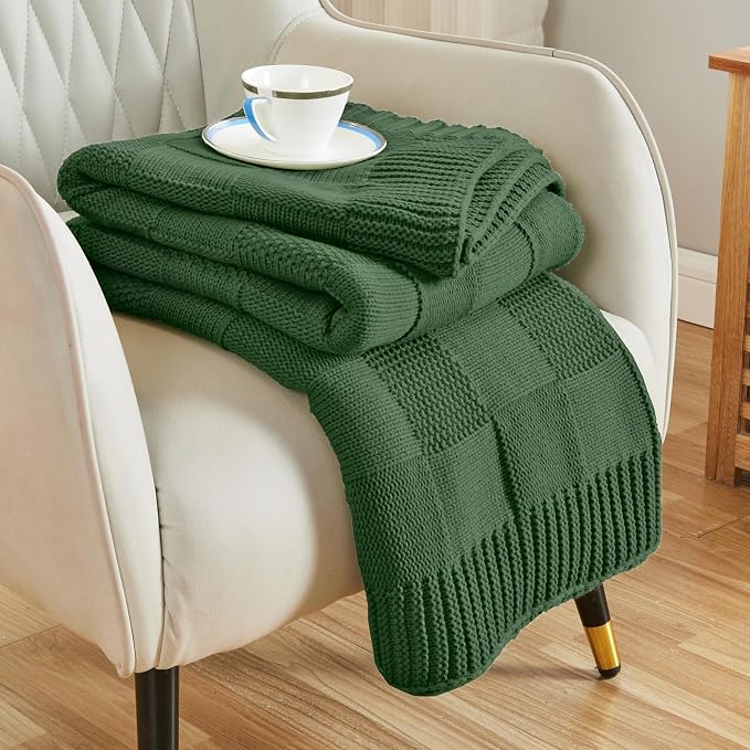 CozeCube Christmas Green Knitted Checkered Throw Blanket 50"X60" | Check Knit Throw for Couch, Decorative Christmas Soft Cozy Warm Blanket for Bed Sofa Living Room