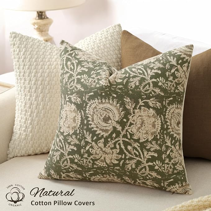 Vintage Floral Print Throw Pillow Covers 12x20 Set of 2 Neutral Modern Farmhouse Pillow Cases Accent Decorative Cushion Covers Boho Home Decor for Couch Sofa Chair Bed Living Room, Olive Green