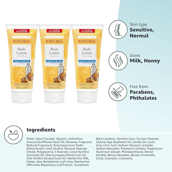 Burt's Bees Body Lotion for Normal to Dry Skin with Milk & Honey, 6 Oz (Package May Vary), (Pack of 6)