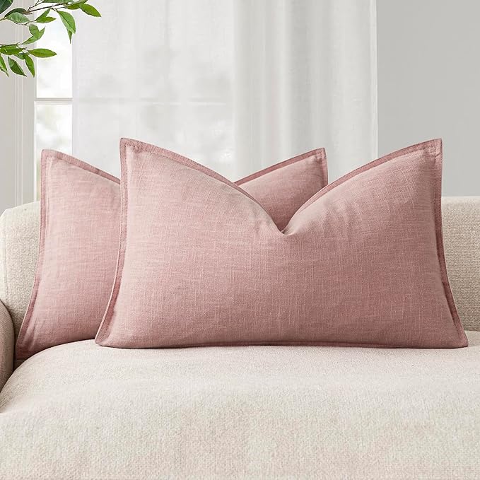 Foindtower Pack of 2, Decorative Linen Solid Throw Pillow Covers Accent Lumbar Cushion Case Farmhouse Pillowcase for Chair Couch Sofa Bedroom Living Room Home Decor 12 x 20 Inch Rose Pink