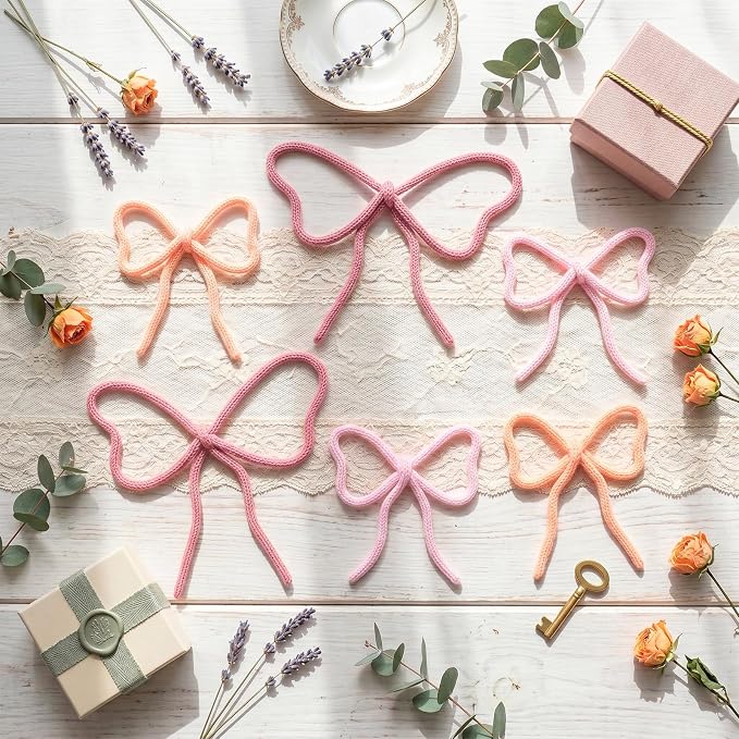 Barydat 6 Pcs Pink Bow Wall Decor Coquette Bow Nursery Decoration Room Decor Woven Macrame Wall Hanging 2 Size Boho Pink Preppy Decoration for Nursery Dorm Girls Room Art