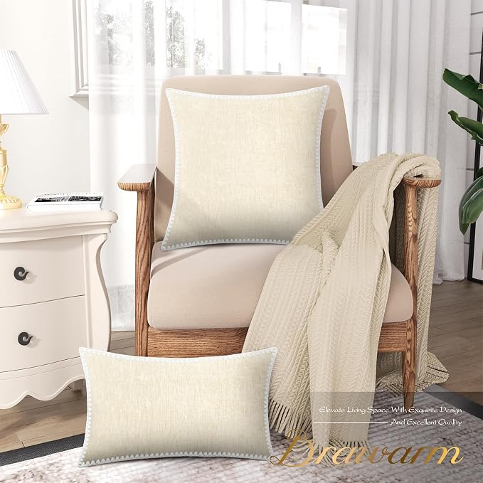 BRAWARM Chenille Throw Pillow Covers 18x18 Inches, Cream, 2 Pack | Decorative Pillow Covers with Shell Edge, Soft Cushion Cases for Sofa Bed Living Room Home Farmhouse (No Insert)