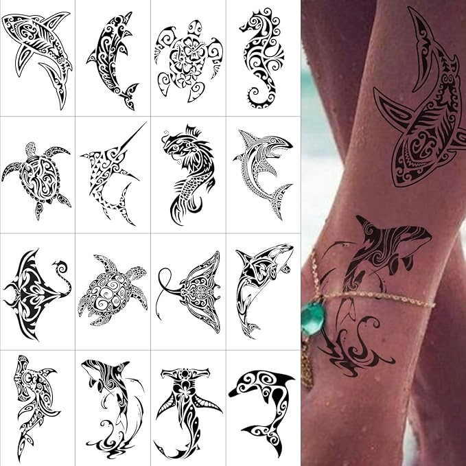 16 PCS Black Tribal Totem Temporary Tattoo Stickers for Women Men, Maori Stingray Shark Whale Turtles Seahorses Patterns, Long-lasting Waterproof Removable Body Art Makeup Fake Tattoo
