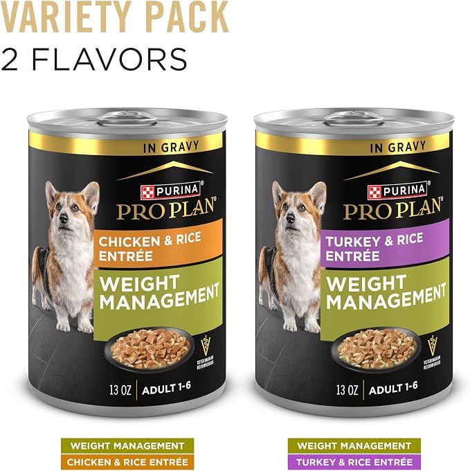 Purina Pro Plan Weight Management Wet Dog Food Variety Pack, (12) 13 oz | Chicken & Rice Entree and Turkey & Rice Entree dog food in gravy, high protein, maintains muscle mass during weight loss