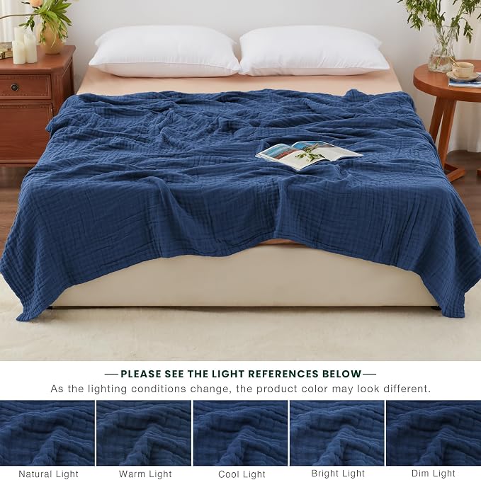 Love's cabin 100% Cotton Muslin Blanket, 6 Layer Lightweight Breathable Gauze King Size Blanket 108 x 90 Inches, Soft Summer Blanket for Bed, Dark Blue