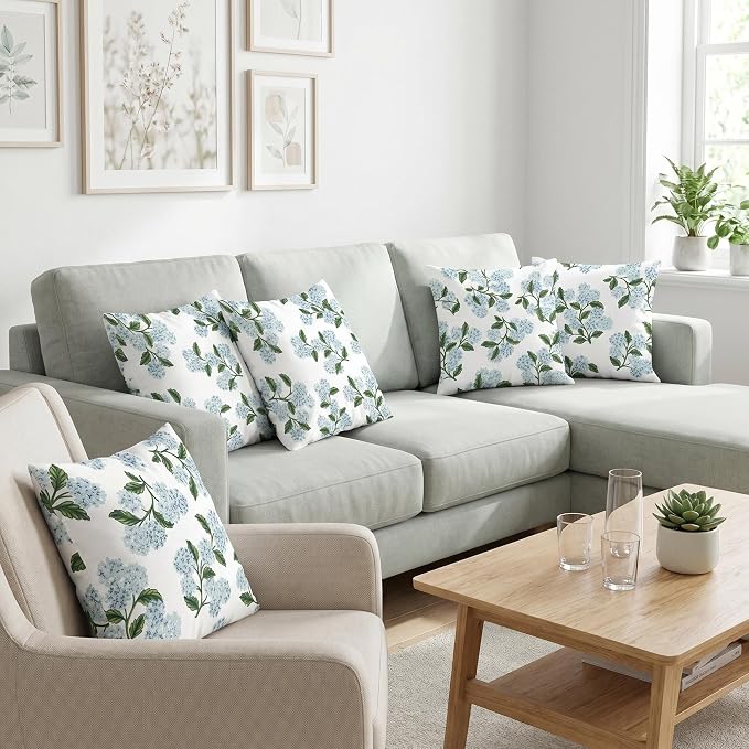 COMMINY Blue Dhalia Linen Pillow Covers 18x18 Set 6 Farmhouse Throw Cover | Decorative Flower, Breathable Linen, Standard Throw Pillow Size, Bedroom Accent Couch Sofa, Spring Summer Decor