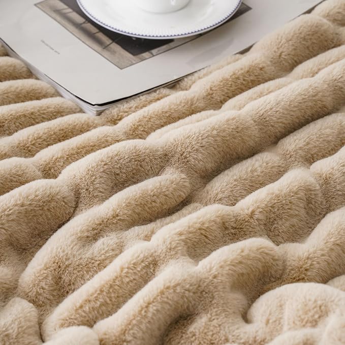 BATTILO Soft Faux Fur Throw Blanket for Couch, Double Side, 50"x60", Beige | Luxury Minky Couture Blanket, Beige Throw Blanket, Cozy Warm Soft Fluffy Faux Fur Blanket For Bed, Sofa Living Room
