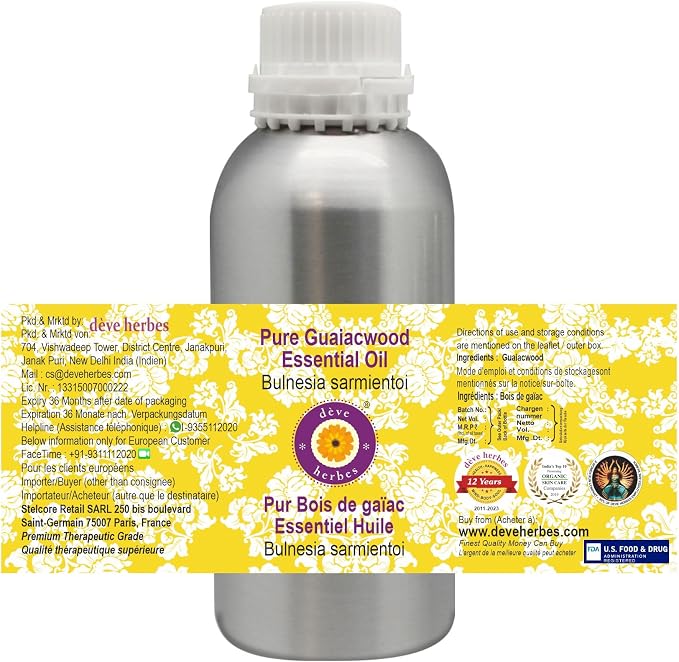 Deve Herbes Pure Guaiacwood Essential Oil (Bulnesia sarmientoi) with Glass Dropper Steam Distilled 10ml (0.33 oz)