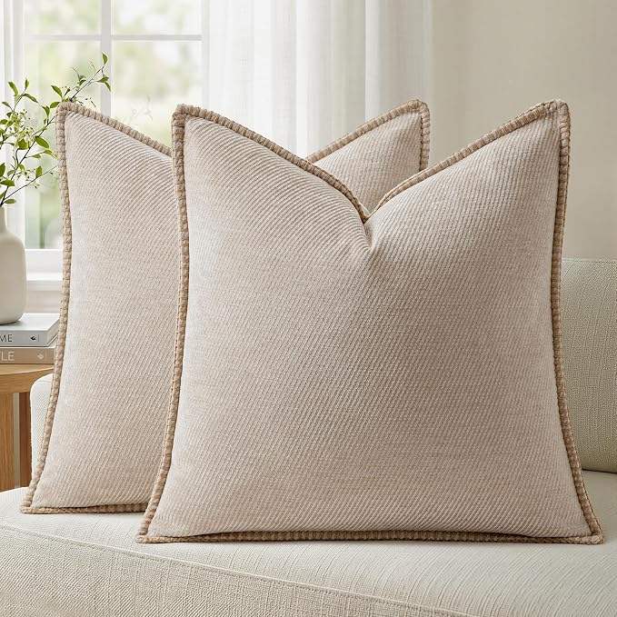 a moment Pack of 2 Decorative Chenille Throw Pillow Covers with Twill Cushion Covers for Sofa Living Room Couch Bed 18x18 Inch,Crafted Border Beige