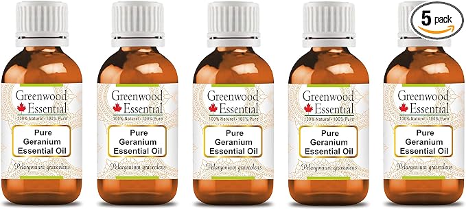Greenwood Essential Pure Geranium Essential Oil (Pelargonium graveolens) Steam Distilled (Pack of Five) 100ml X 5(16.9 oz)