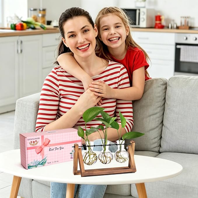 XXXFLOWER Plant Terrarium with Wooden Stand, Air Planter Bulb Glass Vase Metal Swivel Holder Retro Tabletop for Hydroponics Home Garden Office Decoration - 3 Bulb Vase | Air Planter Flower Glass Vase Retro for Hydroponics Cutting Home Garden Office Dec...