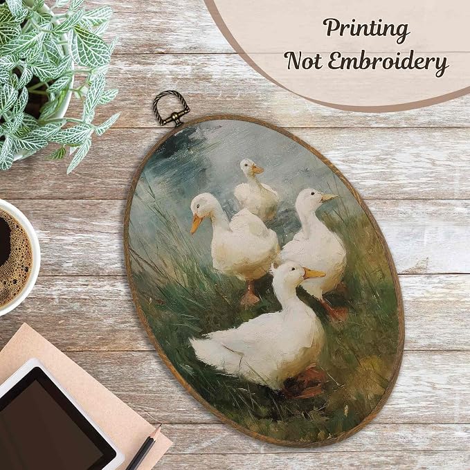 LKETW Rustic Farmhouse Duck Oval Wall Art Decor, Vintage Country Duck Oval Canvas Hanging Decor, Cottagecore Farm Animal Wall Decorations for Farmhouse Home Bedroom Living Room, 8.6x11.4 Inch