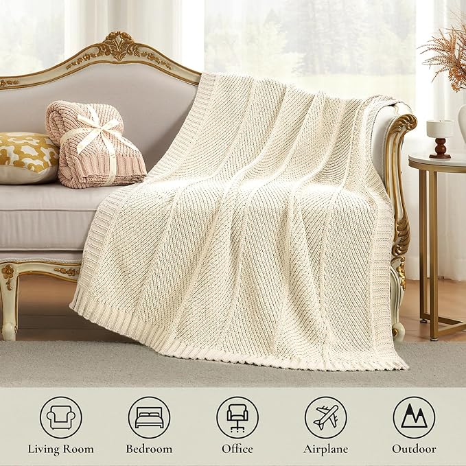 Knit Throw Blanket, Soft Chenille Cozy Breathable Chevron Chunky Decorative Blanket for Couch, Bed & Sofa, French-Inspired Lightweight Warm Gift for Women, Ivory, 50"x60"