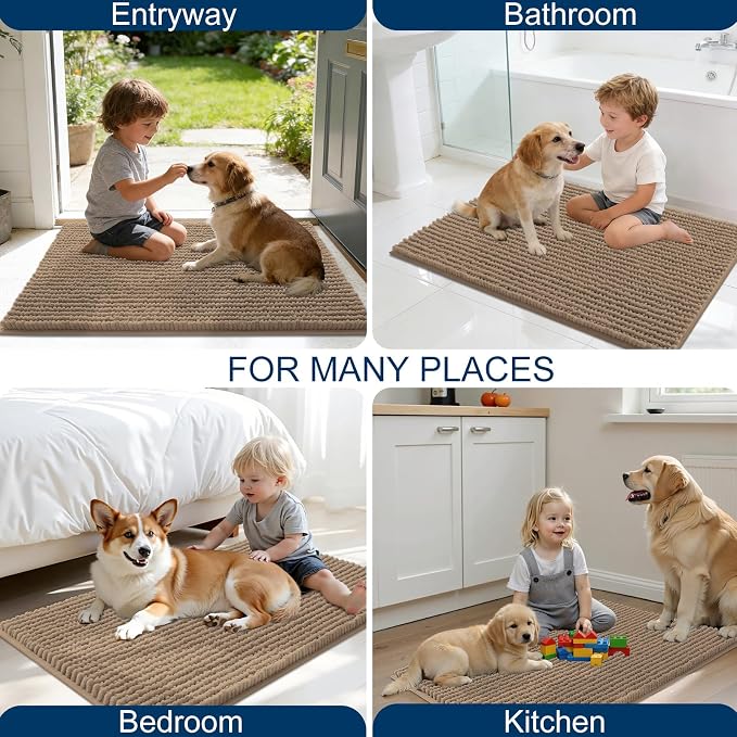OLANLY Dog Door Mat for Muddy Paws 44x24, Extra Absorbent Chenille Mud Mat | Tan, Absorbs Moisture and Dirt, Non-Slip Machine Washable Doormat, Quick-Drying Indoor Entryway Floor Mat for Dogs