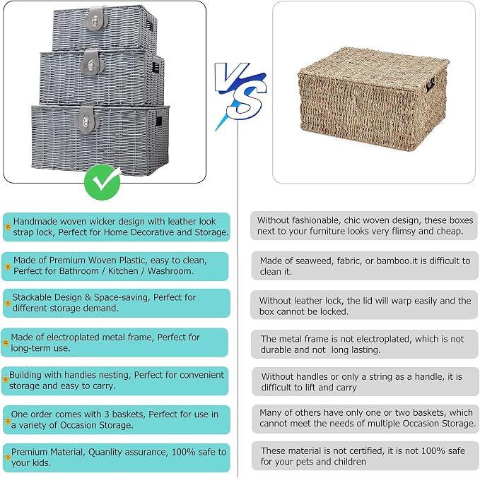 Set of 3 Woven Wicker Storage Basket Box with Lids & Lock, Built-in Carry Handles, Multifunctional Storage Organizer for Nursery, Baby, Clothes, Toys, Books, Large/Medium/Small Size (Grey)