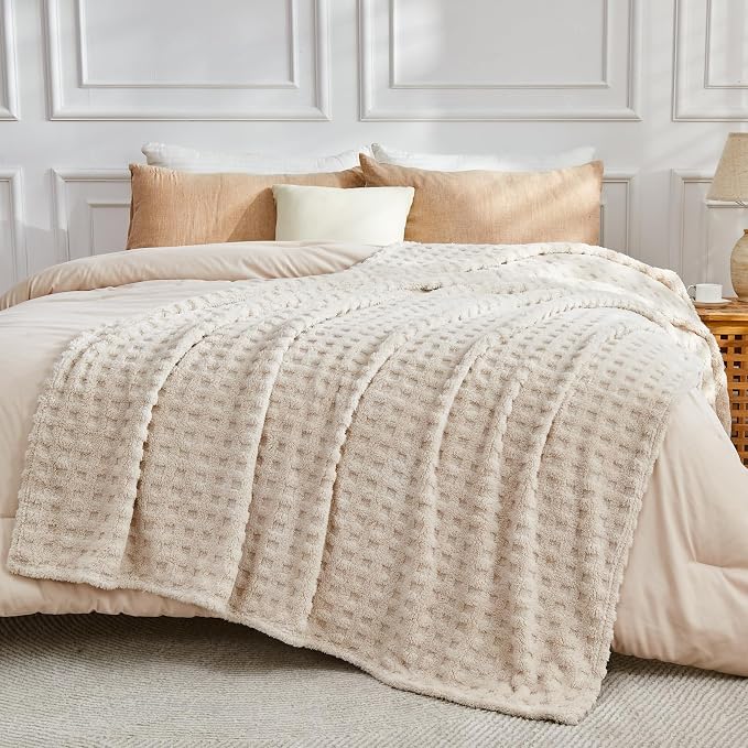 NEWCOSPLAY 3D Waffle Checkered Flannel Queen Blanket, Linen, 90"x90" | Super Soft Cute Lightweight Decorative Premium Silky Fleece Blanket for Couch Sofa Bed, Gift for Women Men, All Season Use
