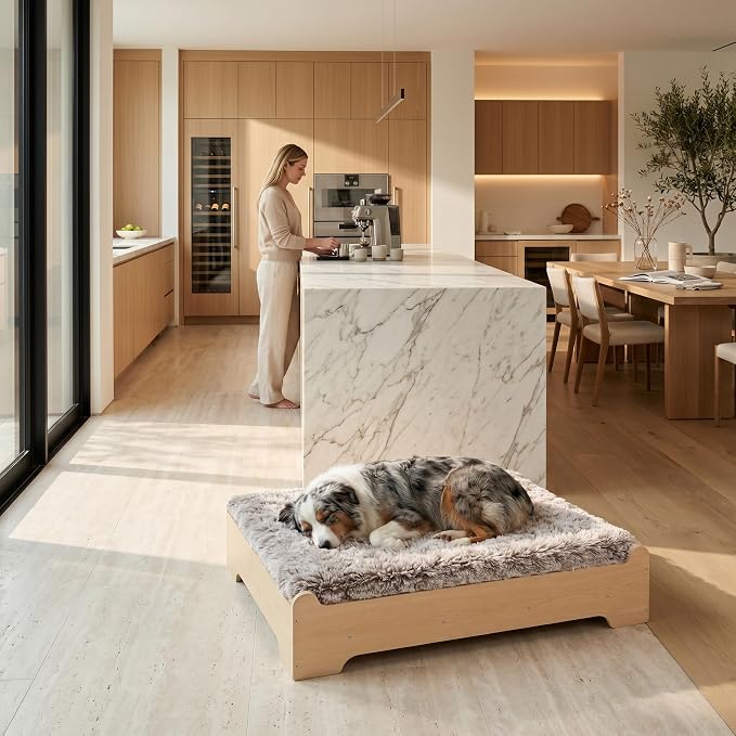 Elevated Wood Dog Bed Frame with Foam Mattress, WoodPattern, M | Raised Dog Bed with Washable Cover, Furniture-Style Design for Indoor Living