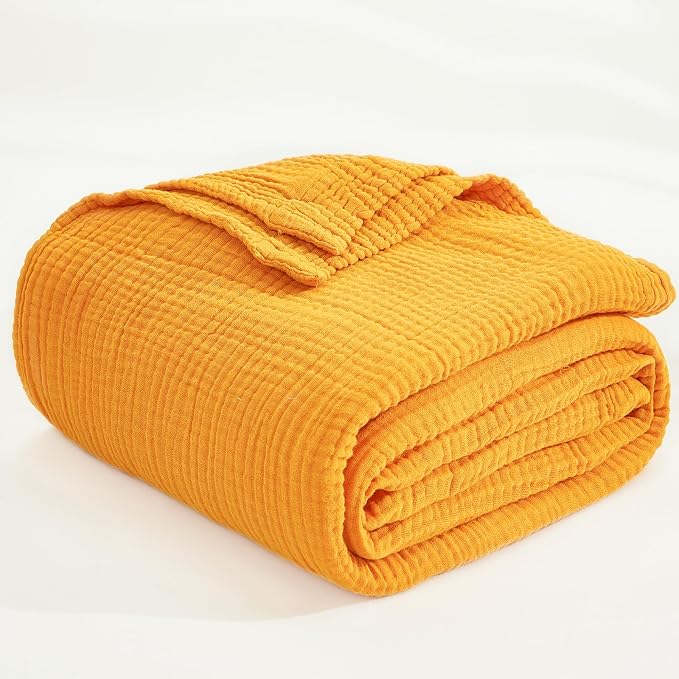EMME Muslin Blankets for Adults Throw Blanket for Couch Breathable Gauze Soft Lightweight Airy Mustard Yellow King 108" x 90"