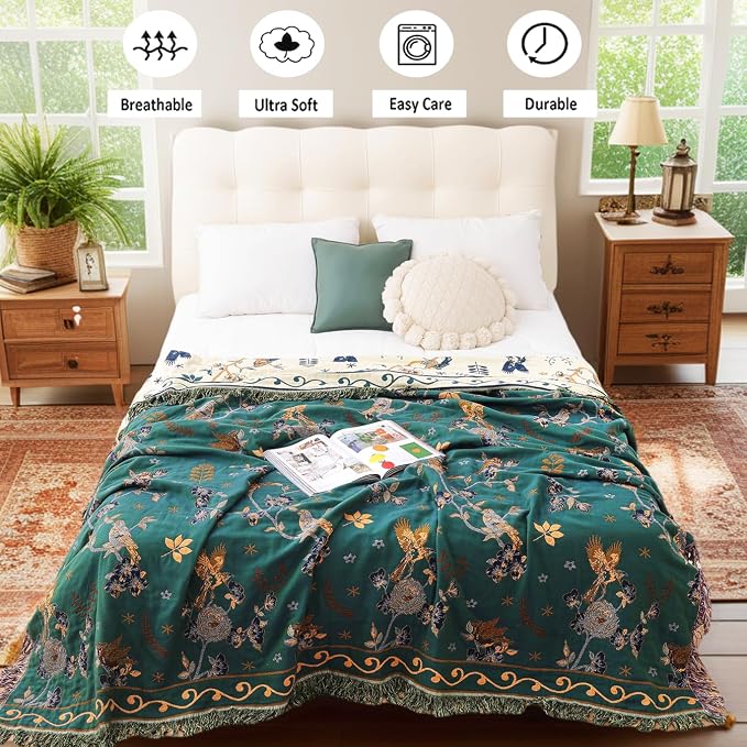 VANJOROY Boho 100% Organic Cotton Muslin Throw Blanket 50" x 60" - All Season Rustic Ultra Soft Breathable Floral Bird Blanket for Bed Sofa Couch Chair Bedspread Quilt Gift-Teal/Beige