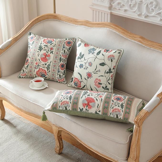 Designer Linen Throw Pillow Cover,Set of 2,18"x18"-Daffy B | Vintage French Elegant Square Pillow Cover,Concealed Zipper Design,Floral Pattern,Sofa,Bedroom,Living Room,Lounge Chairs