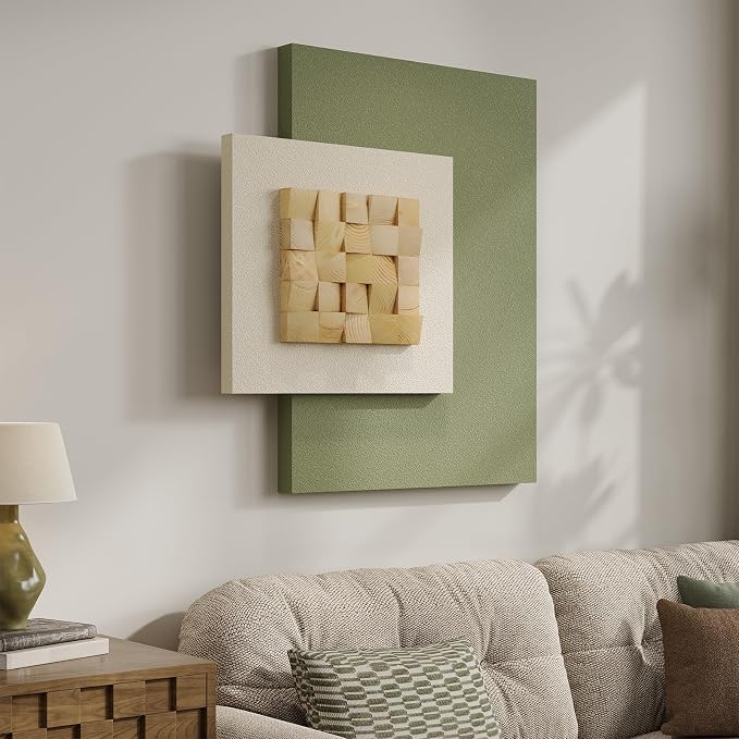 Cuspin Large 3D Wood Green Wall Art for Living Room, Modern Minimalist Sage Green Textured Wall Decor, Abstract Geometric Natural Wooden Block Artwork for Bedroom Dining Room Hallway Home Office