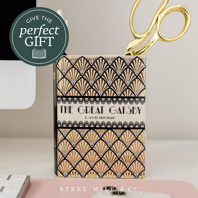 Steel Mill & Co. Ceramic Book-Shaped Vase, The Great Gatsby | Original Small Decorative Vases for Home Decor, Cute Classic Bookshelf Decor with Gold Foil, Unique Vase for Book Lovers