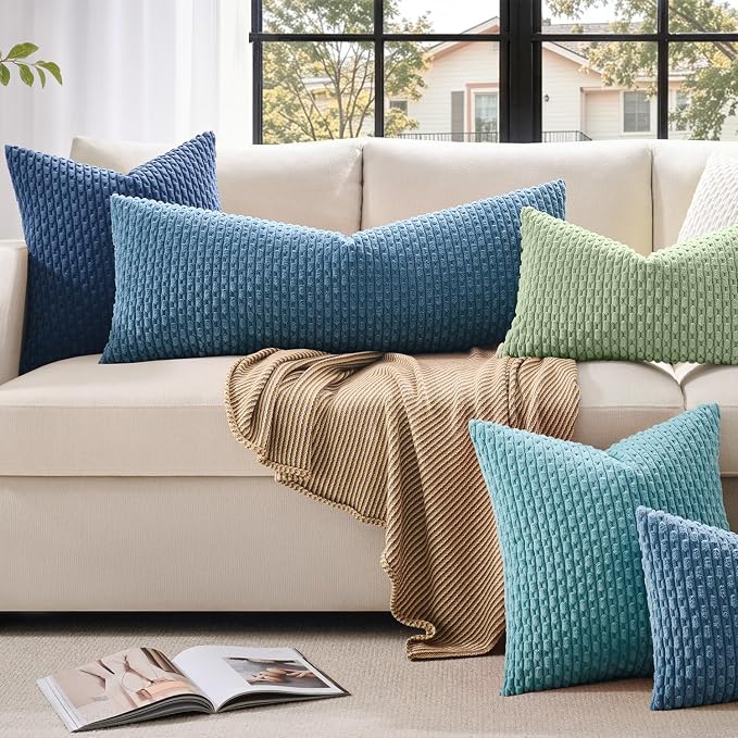 Kevin Textile Soft Corduroy 14"x36" Lumbar Pillow Cover 1 Pack, Blue | Boho Stripe Plush Corduroy Decorative Oblong Cushion Cover Modern Farmhouse Home Decor for Sofa Couch Bed Chair
