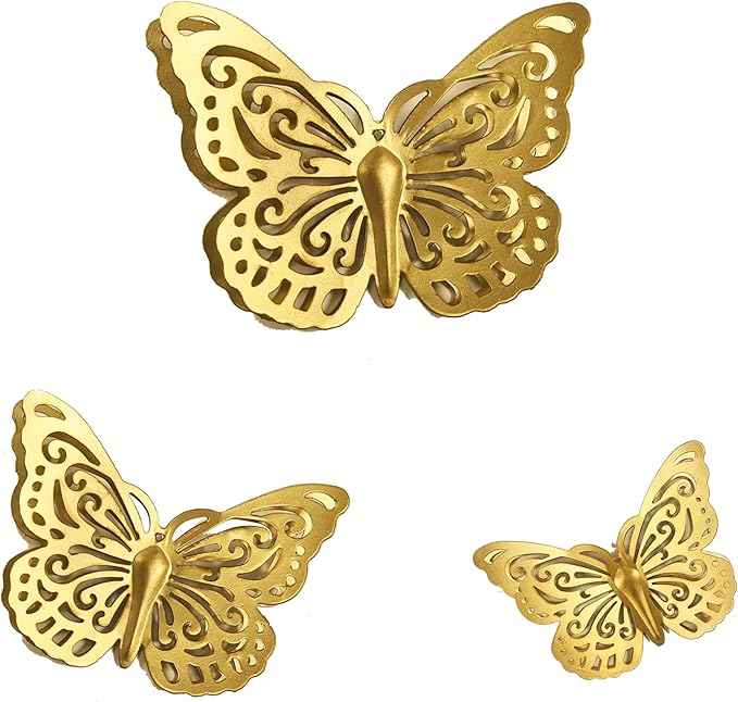 Remenna Gold Finish Metal Butterflies Wall Art Set of 3 Metal Wall Decor Butterfly Hanging Decor for Bedroom Bathroom Living Room Garden Kitchen