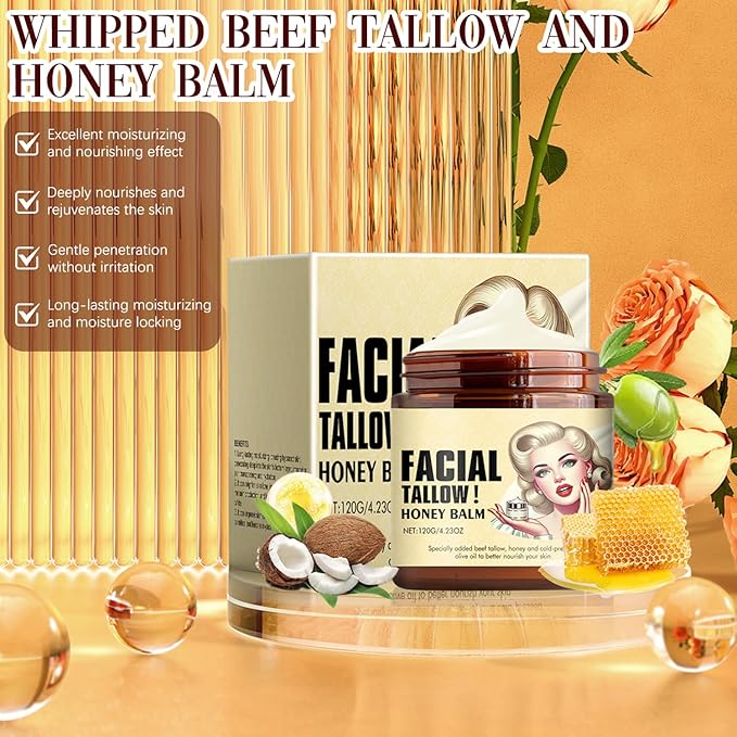 Nicgou Whipped Beef Tallow and Honey Balm, Grass Fed Grass Finished Face Cream, Tallow Face Moisturizer, Beef Tallow Balm for Skin Care