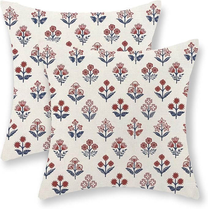 Red Blue Pillow Covers 16x16 Inch Set of 2 Patriotic 4th of July Throw Pillows Vintage Flower Boho Block Print Floral Decorative Pillow Cases Outdoor Linen Cushion Cover for Couch Sofa Decor