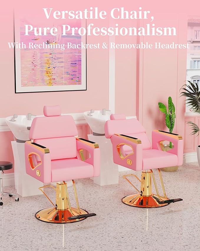 Baasha Pink and Gold Reclining Salon Chair with Removable Headrest, Heavy-Duty Barber Chair with Steel Frame, Elegant Design, 440 lbs Capacity