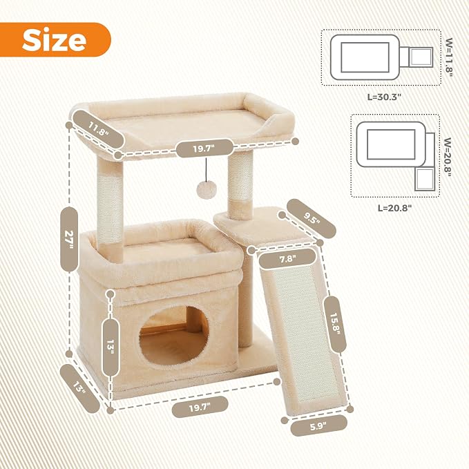 PEQULTI Cat Tree for Small Medium Cats, Beige Cat Tower for Indoor Cats | Beige aesthetic cat furniture with soft perch, private condo, natural sisal scratch post for indoor small medium kittens