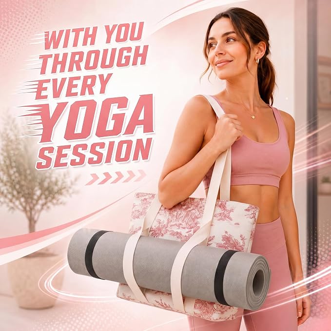Hsei Pink Floral Yoga Mat Gym Bag Pink Toile Yoga Tote Bag for Women Vintage Boho French Country Large Canvas Tote with Zipper Closure for Pilates Fitness Travel Beach Travel Office Workout Gym Gift