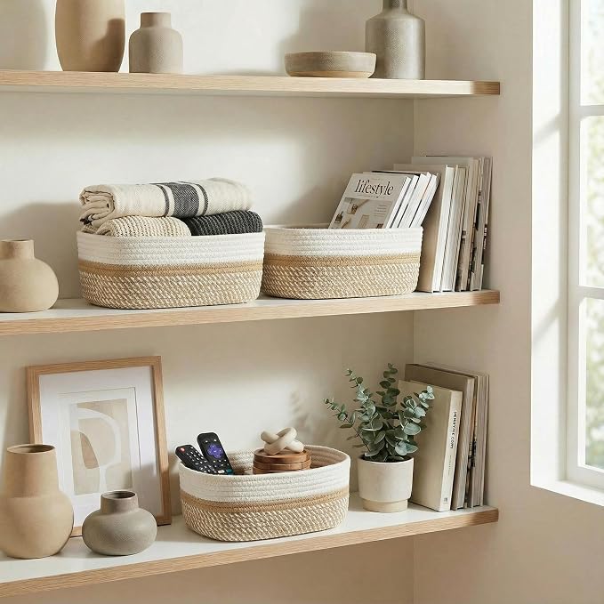 Beautiful Storage Basket Set of 3 - Sturdy Rope Baskets for Shelves | Perfect for Organizing Your Home - Quality Storage Bins Easily Fit with Any Nursery or Bedroom Decor