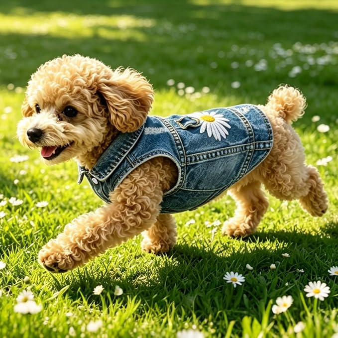 Dog Jean Jacket,Blue Denim Vest for Small Pet,Cute Clothes with D-Ring | Soft Washed Cotton Denim Costume,Cool Apparel Dress Shirt for Puppy,Classic Daisy Coat Outfit for Small Dogs Cats Boy Girl