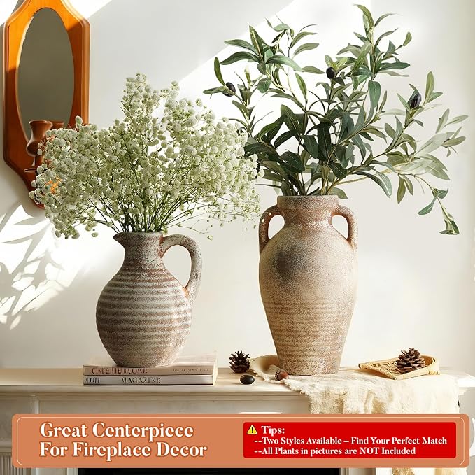 Ceramic Flower Vase Rustic Terracotta Vase with Handles,8 Inch | Neutral Clay Pitcher Antique Vase,Vintage Farmhouse Vases for Home Decor,Living Room,Table