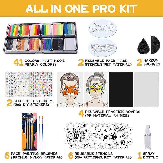OPHIR 41 Colors Face Painting Kit Professional, 5.14 oz Water Based Face Painting Kit with 4 Face Paint Practice Boards, 10 Stencils, 6 Brushes, 2 Makeup Sponges & 2 DIY Gem Stickers for Halloween