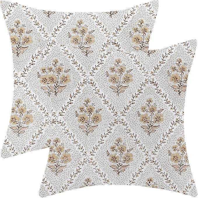 Floral Pillow Covers 18X18 Set of 2 Block Print Brown Flower Decorative Throw Pillow Covers Boho Modern Floral Decor Pillowcase Farmhouse Linen Cushion Case for Sofa Couch Outdoor Decoration