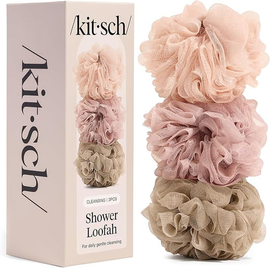 Kitsch Shower Loofah – Soft Mesh Body Scrubber & Bath Sponge for Daily Gentle Cleansing – Durable Loofah for Men and Women with Hanging Loop, Eco-Friendly, 100% PCR Material – 3pc Set, Ballet