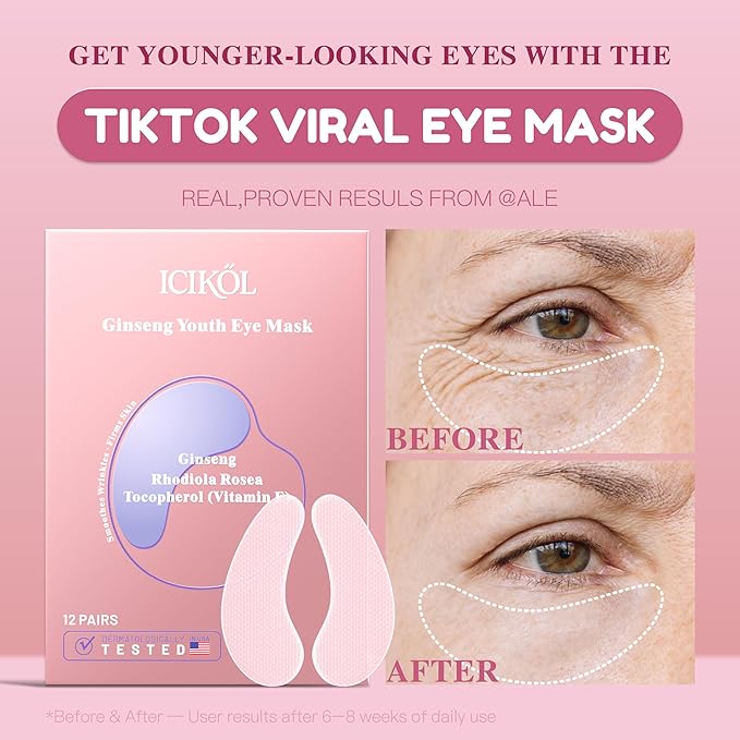 Ginseng Youth Under Eye Patches for Women - Smoothes Wrinkles & Firms Skin. Visibly Fades to Clear in 40 Mins, Fully Absorbed in 3Hrs. Pink, 60 Pairs.