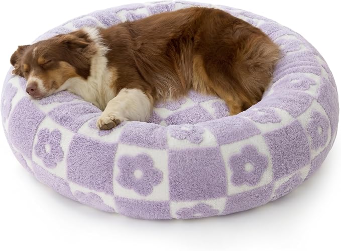 LE SURE Shown on TV Jacquard Donut Dog Beds Large,Flower Checks 36x36x8in | Orthopedic Calming Pet Bed Sofa, Original Design Pattern,Washable Cover,Cute Home Decor as Gift for Pet,Anti Slip Bottom