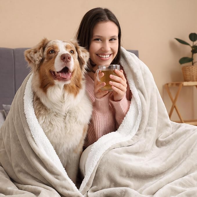 Bedsure GentleSoft Sherpa Fleece Blanket Queen Size for Bed, Non-Heated, Thick and Warm Throw for Women and Men, Soft Fuzzy Plush Queen Blanket for Winter, Beige, 90x90 Inches