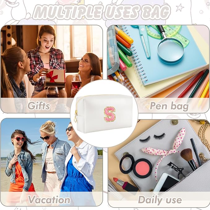 URSKYTOUS Initial Makeup Bag Personalized Preppy Travel Small Cosmetic Bag Cute PU White Chenille Letter Makeup Pouch for Purse Waterproof Zippered Toiletry Organizer for Women Girls Kids Friends (S)
