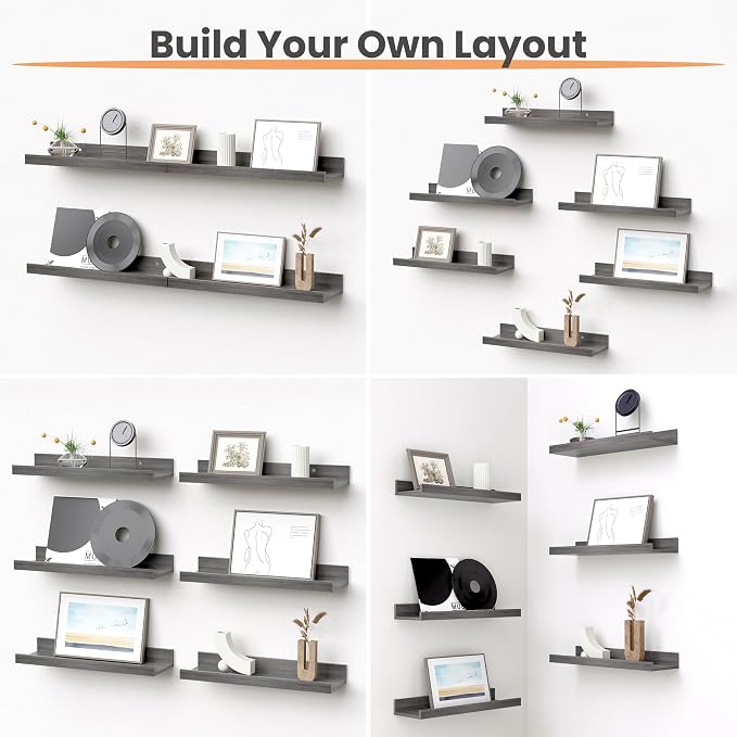 upsimples Floating Shelves for Wall Decor and Storage, Grey, 6Pcs 15.7'' | Wall Mounted Wood Shelves for Living Room, Bedroom, Bathroom, Kitchen, Office, Laundry Room Display and Organize