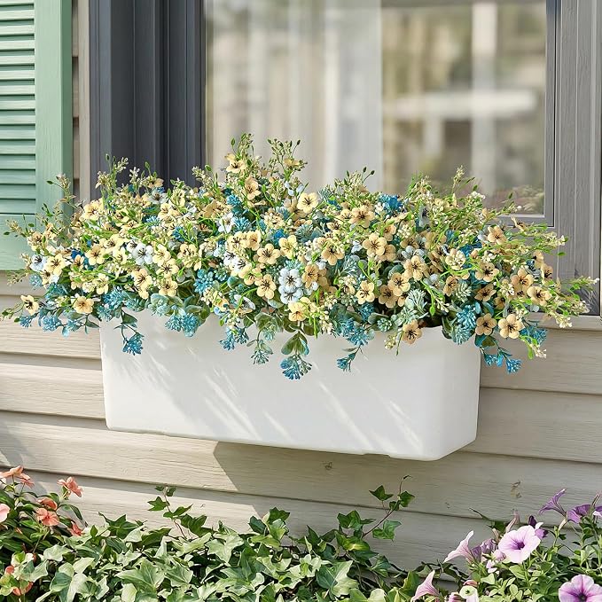 RM ROOMERS Artificial Flowers Plants for Outdoors, Fake Flowers Blue&Yellow | Forget-me-not UV Resistant Faux Flower for Garden Porch Windowbox Front Door Yard No Fade Home Vase Decor(4 Bundles/24 Stems)