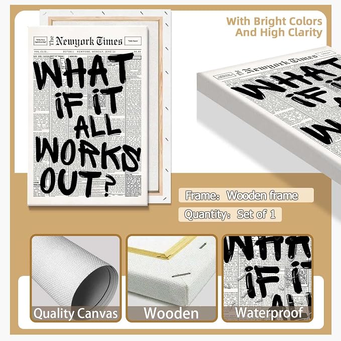 Drimiler Retro Black And White Newspaper Poster What If It All Works Out Canvas Wall Art Positive Affirming Quote Minimalist Prints Painting For Home Bedroom Dorm Wall Decor 24x36in Wframed