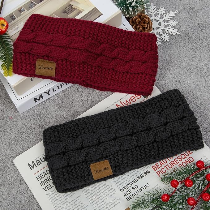 Loritta 2 Pack Headbands for Women Winter Warm Cable Knit Ear Warmer Thick Head Wrap Fuzzy Fleece Lined Gifts